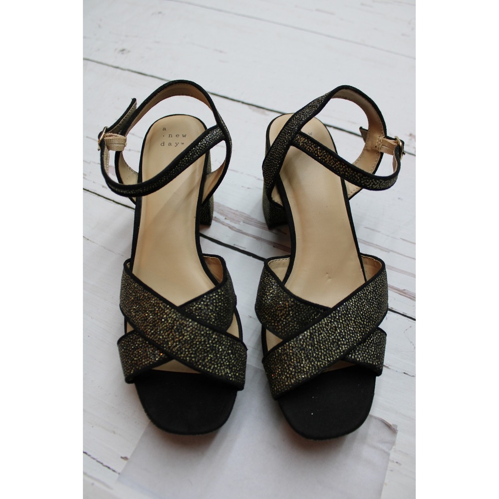 A New Day Womens Gold Black Glitter Platform Block Heel Sandals Size 8.5